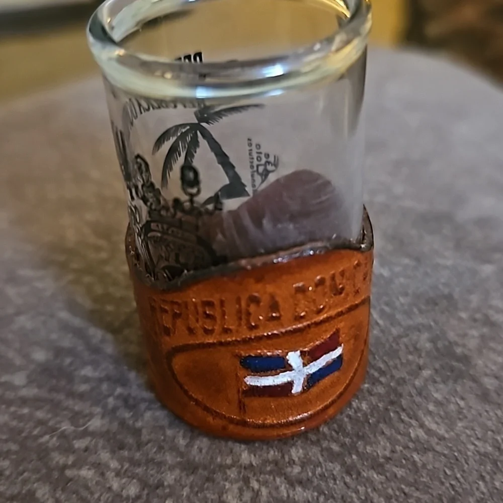 3/$30 Dominican Republic Leather Tooled Tourist Shot Glass